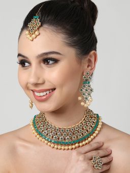 Zaveri Pearls - Green Floral Kundan Choker Necklace Earring Maangtikka & Ring Set-ZPFK10843