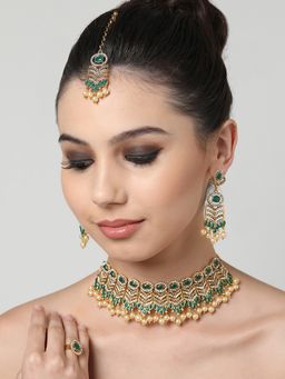 Zaveri Pearls - Green Austrian Diamonds Necklace Earring Maangtikka & Ring Set-ZPFK10844