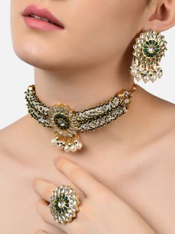 Zaveri Pearls - Green Beads Clustered Kundan Choker Necklace Earring & Ring Set-ZPFK11067