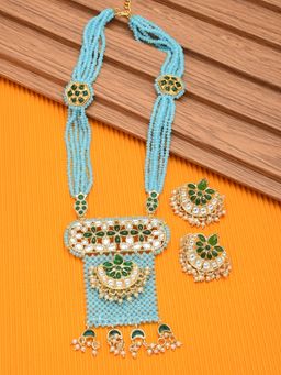 Zaveri Pearls - Aqua Blue Crystal Beaded Green Kundan Necklace & Earring Set-ZPFK11440