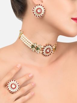 Zaveri Pearls - Green & Pink Kundan Multistrand Choker Necklace Earring & Ring Set-ZPFK11444