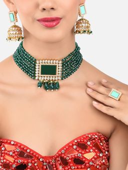 Zaveri Pearls - Green Multistrand Kundan Choker Necklace Earring & Ring Set-ZPFK11454