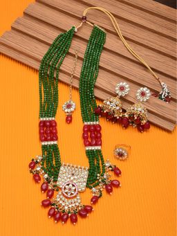 Zaveri Pearls - Green Maroon Multistrand Necklace Earring Maangtikka & Ring Set-ZPFK11455