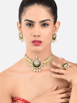 Zaveri Pearls - Green Cluster Pearl Multistrand Choker Necklace Earring & Ring Set-ZPFK11458