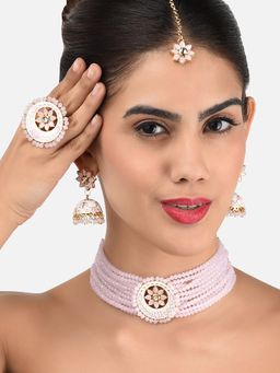 Zaveri Pearls - Pink Multistrand Choker Necklace Earring Maangtikka & Ring Set-ZPFK11474