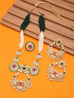 Zaveri Pearls - Pink & Green Long Traditional Kundan Necklace Earring & Ring Set-ZPFK11475