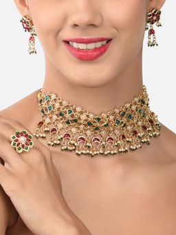 Zaveri Pearls - Green & Pink Kundan Embellished Choker Necklace Earring & Ring Set-ZPFK11478
