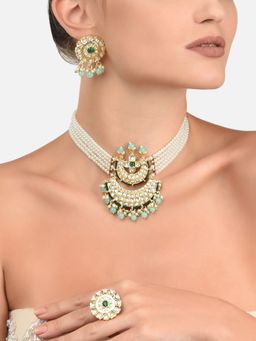 Zaveri Pearls - Multistrand Pearls Kundan Choker Necklace Earrings & Ring Set-(ZPFK11549)