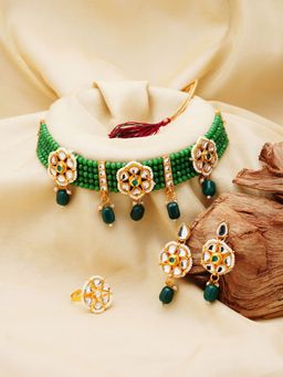 Zaveri Pearls - Green Multistrand Beaded Kundan Choker Necklace Earrings & Ring Set-(ZPFK11005)