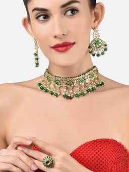 Zaveri Pearls - Green Kundan and Beads Choker Necklace Earring and Ring Set-ZPFK11658