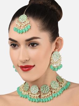 Zaveri Pearls - Green Meenakari Traditional Choker Necklace Earring Maangtikka and Ring Set-ZPFK11607