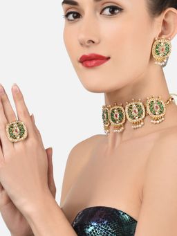 Zaveri Pearls - Green and Pink Stones Traditional Choker Necklace Earring and Ring Set-ZPFK11917