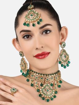 Zaveri Pearls - Green Kundan and Beads Choker Necklace Earring Maangtikka and Ring Set-ZPFK11590