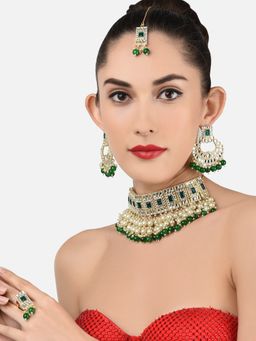 Zaveri Pearls - Green Beads Ethnic Kundan Choker Necklace Earring Maangtikka and Ring Set-ZPFK11655