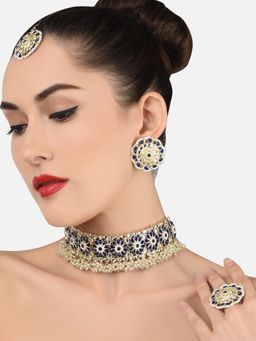 Zaveri Pearls - Blue Stone Flowers Ethnic Choker Necklace Earring Maangtikka and Ring Set-ZPFK11657