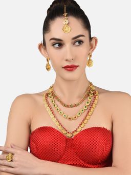 Zaveri Pearls - Green and Pink South Indian Temple Necklace Earring Maangtikka Ring Set-ZPFK11661