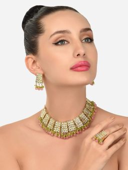Zaveri Pearls - Pink and Green Bead Drops Kundan Necklace Earring and Ring Set-ZPFK12112