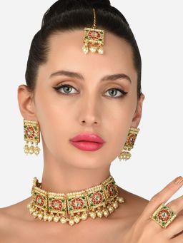 Zaveri Pearls - Green and Pink Stones Choker Necklace Earring Maangtikka and Ring Set-ZPFK12123