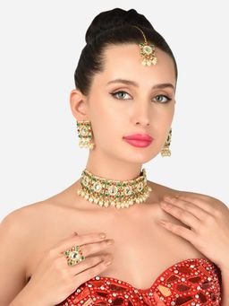 Zaveri Pearls - Green and Pink Stones Choker Necklace Earring Maangtikka and Ring Set-ZPFK12124