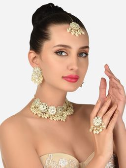 Zaveri Pearls - Gold Tone Mirrors Cluster Pearls Necklace Earring Maangtikka and Ring Set-ZPFK12125