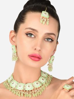 Zaveri Pearls - Green and Pink Meenakari Choker Necklace Earring Maangtikka and Ring Set-ZPFK12131
