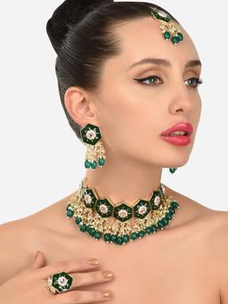 Zaveri Pearls - Green and Pink Meenakari Choker Necklace Earring Maangtikka and Ring Set-ZPFK12132