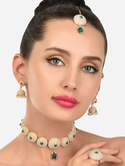Zaveri Pearls - Green Stones and Pearls Choker Necklace Earring Maangtikka and Ring Set-ZPFK12142