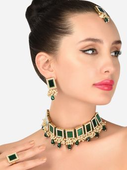 Zaveri Pearls - Green Mirror and Cluster Pearls Necklace Earring Maangtikka and Ring Set-ZPFK12145