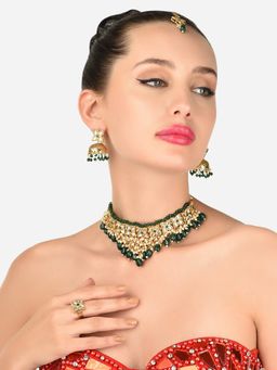 Zaveri Pearls - Green Beads Kundan Choker Necklace Earring Maangtikka and Ring Set-ZPFK12147