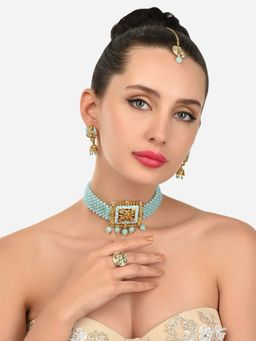 Zaveri Pearls - Turquoise Meenakari Woven Necklace Earring Maangtikka and Ring Set-ZPFK12200
