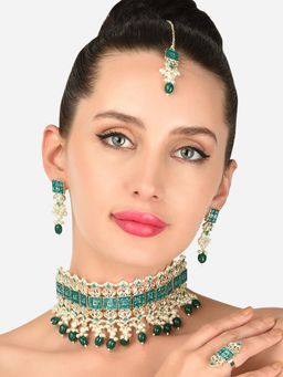 Zaveri Pearls - Green Beads Kundan Choker Necklace Earring Maangtikka and Ring Set-ZPFK12202