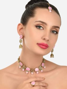 Zaveri Pearls - Pink & Green Floral Necklace Earring Maangtikka and Ring -ZPFK12182 (Set of 4)