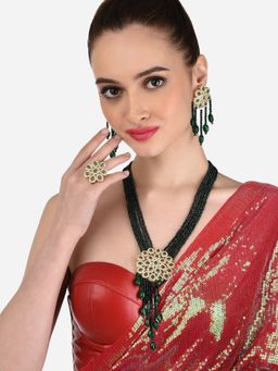 Zaveri Pearls - Green Crystal Beaded Long Dazzling Necklace Earring and Ring -ZPFK12207 (Set of 3)