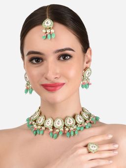 Zaveri Pearls - Green and Pink Choker Necklace Earring Maangtikka and Ring -ZPFK12211 (Set of 4)