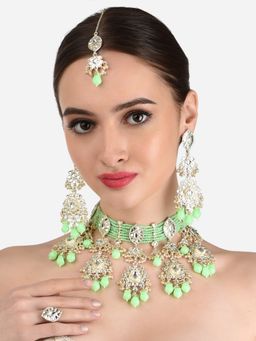 Zaveri Pearls - Green Bridal Kundan Choker Necklace Earring Maangtikka and Ring -ZPFK12222 (Set of 4)