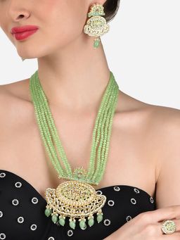 Zaveri Pearls - Green Crystals Multistrand Kundan Necklace Earring and Ring -ZPFK12475 (Set of 3)