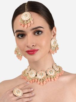 Zaveri Pearls - Peach & White Meenakari Necklace Earring Maangtikka and Ring -ZPFK12480 (Set of 4)