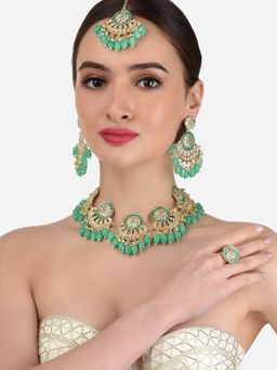 Zaveri Pearls - Green Meenakari Crescent Necklace Earring Maangtikka and Ring -ZPFK12481 (Set of 4)