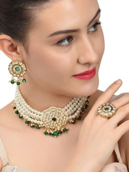 Zaveri Pearls - Green Beaded Multistrand Choker Necklace Earring & Ring Set-ZPFK11247