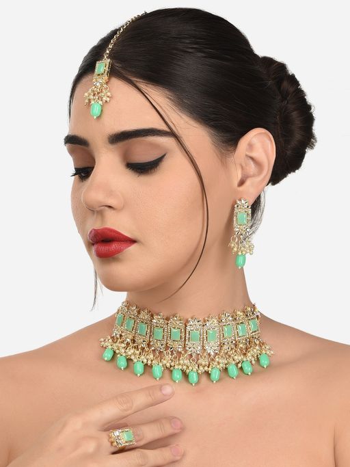 Zaveri Pearls Green Stones & Beads Choker Necklace Earring Maangtikka & Ring Set-ZPFK12235