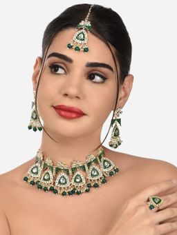 Zaveri Pearls - Green Meenakari Kundan Necklace Earring Maangtikka & Ring Set-ZPFK12618