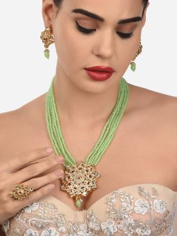 Zaveri Pearls - Green Crystal Multistrand Bridal Necklace Earring & Ring Set-ZPFK12619