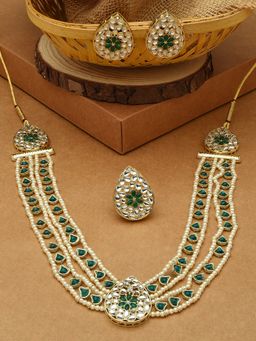 Zaveri Pearls - Green Kundan & Pearls Ethnic Necklace Earring & Ring Set-ZPFK12623