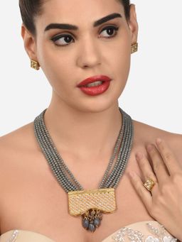 Zaveri Pearls - Grey Crystal Beaded Multistrand Bridal Necklace Earring & Ring Set-ZPFK12624