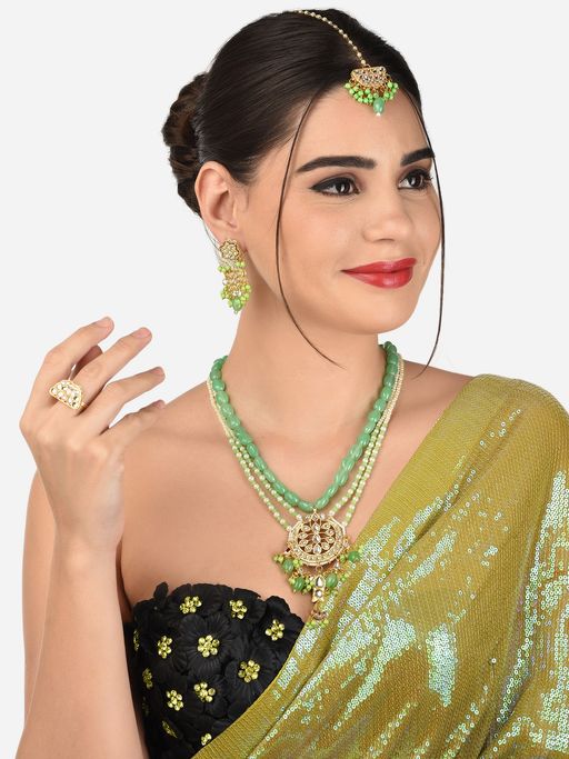 Zaveri Pearls Green Multistrands Bridal Necklace Earring Maangtikka & Ring Set-ZPFK12625