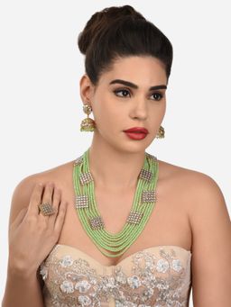 Zaveri Pearls - Green Crystals Multi Layers Bridal Necklace Earring & Ring Set-ZPFK12629