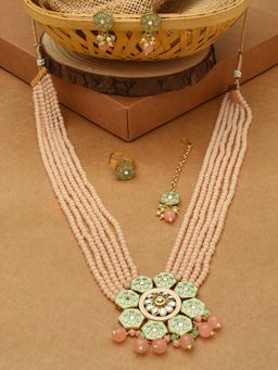 Zaveri Pearls - Green & Peach Multistrand Bridal Necklace Earring & Ring Set-ZPFK12630