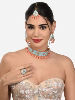 Zaveri Pearls - Peach & Turquoise Meenakari Necklace Earring Maangtikka & Ring Set-ZPFK12632