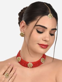 Zaveri Pearls - Red Crystal Beads Woven Choker Neckalce Earring Maangtikka & Ring Set-ZPFK12740