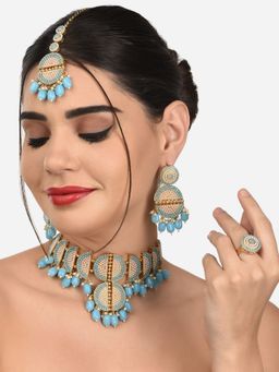 Zaveri Pearls - Turquoise Blue Choker Necklace Earring Maangtikka & Ring Set-ZPFK12741